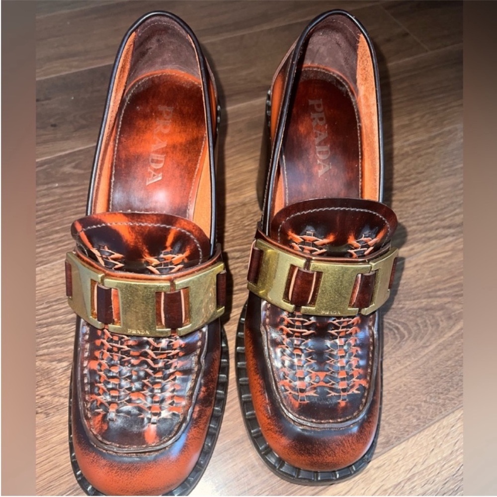 Prada Burnished Orange and Brown Leather Heeled Loafers - Picture 2 of 8